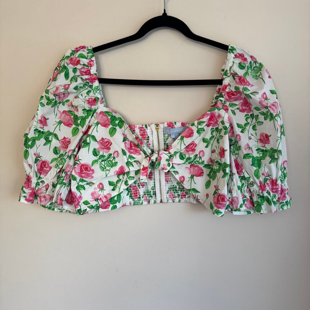 Hill House Isabella Crop Top Pink Sz XL Front Tie Smocked Puff Sleeve Cotton